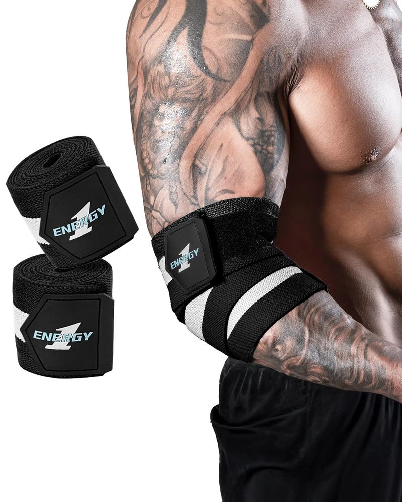 kcross Elbow Wraps for Weightlifting, 47" Strengthening support Elbow Sleeve Weightlifting (1 Pair) for Powerlifting, Bench Press, Gym Workout (Black White) - Image 1
